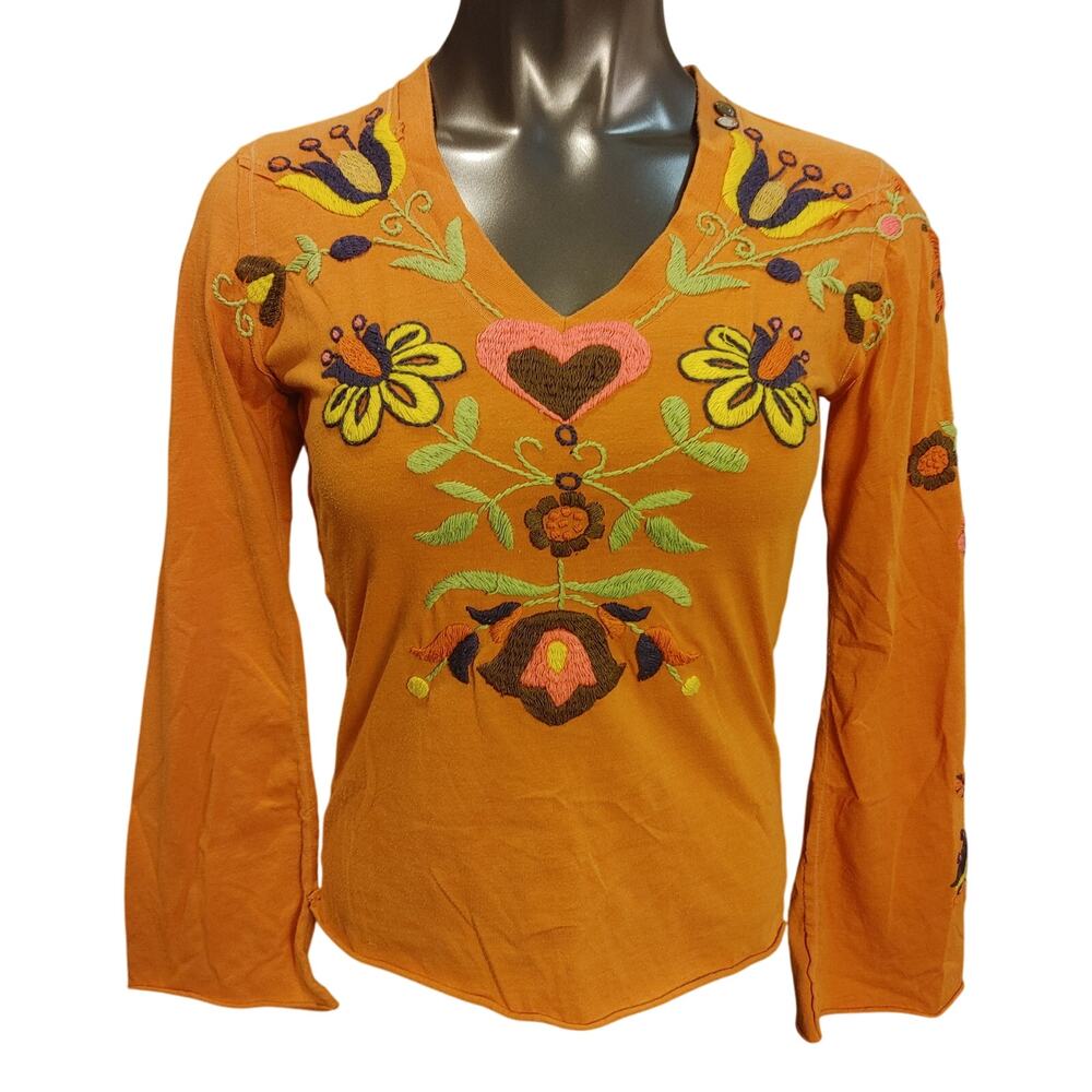 VTG Joystick Women's S Orange Hand Embroidered Floral Top